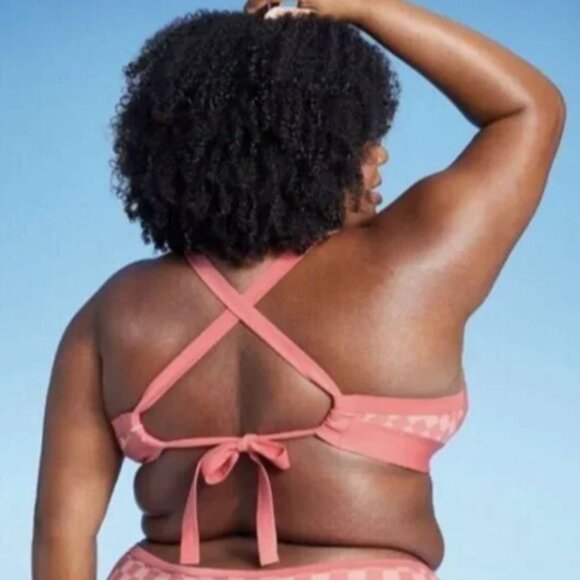 Kona Sol Triangle Pink Check Bikini Top Coral Strappy Stretch Beach Summer Pool - Picture 4 of 6